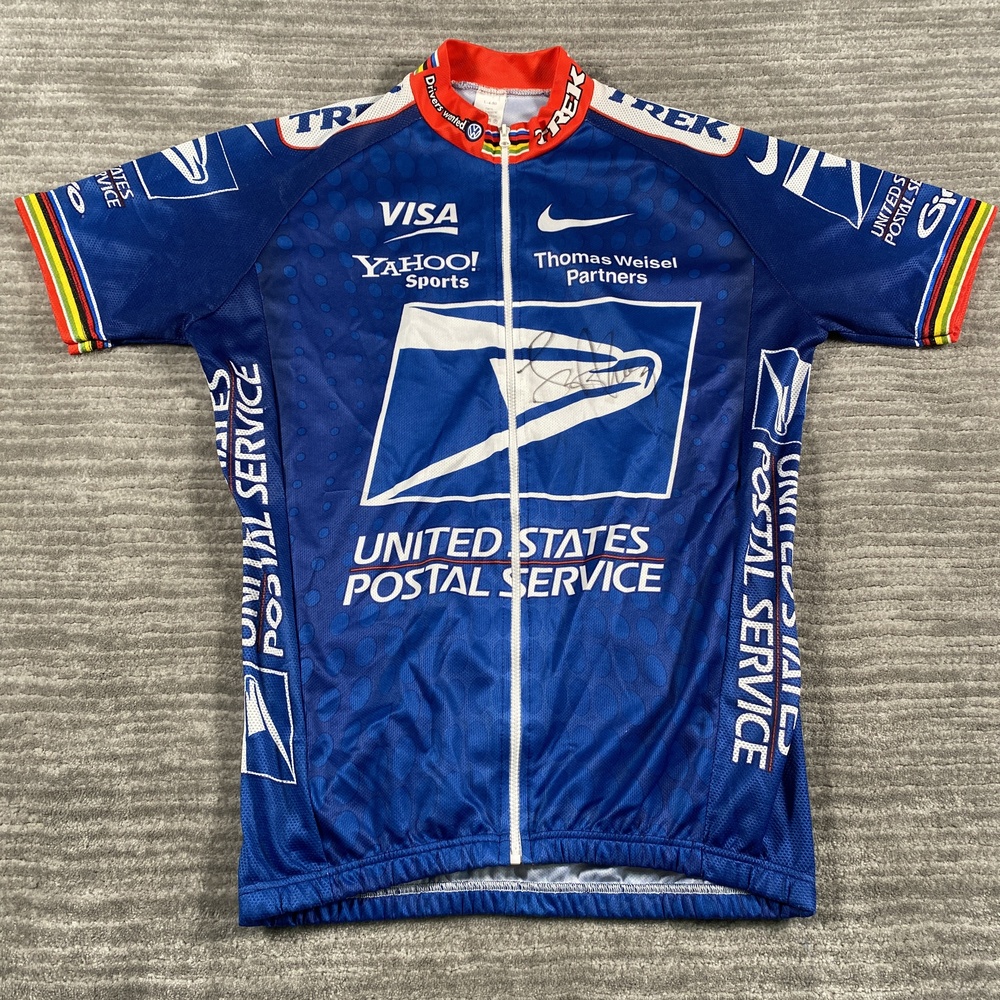 US Postal Service Cycling Jersey Mens Large Blue Nike Signed by Lance Armstrong